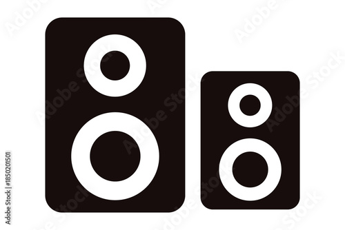 3D illustration of a black stereo audio loudspeaker isolated on white, featuring a bass woofer and studio equipment technology for loud music entertainment and party sound system volume control