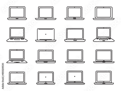 A collection of various laptop computer illustrations in different orientations and positions