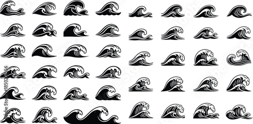 Collection of forty stylized waves in black silhouette for logo designs and creative projects