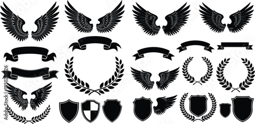 Collection of heraldic elements wings, ribbons, shields, and wreaths in black silhouette style