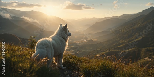 Fototapeta Naklejka Na Ścianę i Meble -  White dog in mountainous terrain, highlighting outdoor activity and animal companionship, World Animal Day