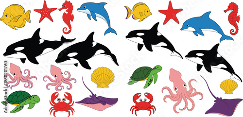 Collection of marine animals including cartoon orcas, dolphins, starfish, and shellfish, scattered randomly