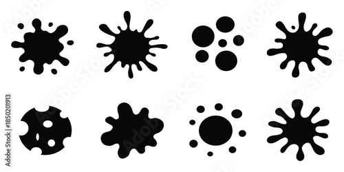 Black paint blots icon. Paint splash monochrome flat symbol. Dripping paint icon set. Current liquid. Paint flows. Melted circle logo. Current paint, stains. Current inks. Vector illustration design.