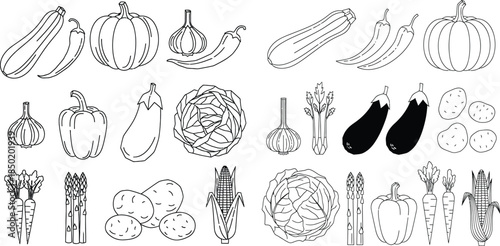 Collection of outline vegetables illustration, including zucchini, pumpkin, pepper, corn, cabbage and more