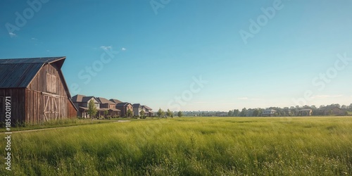 Bright daytime view of a rural barn adjacent to contemporary houses, highlighting the mix of countryside and city living