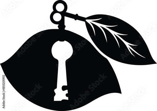 Elegant Key Unlocking a Keyhole Shaped Object with a Decorative Leaf Attachment