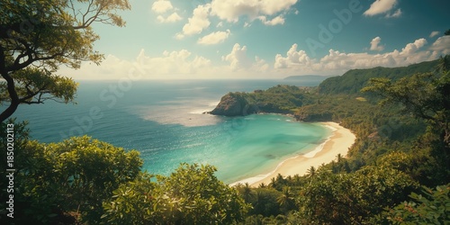 Fototapeta Naklejka Na Ścianę i Meble -  Scenic summer landscape showing bottle beach from elevated viewpoint with water sky and forest, travel setting