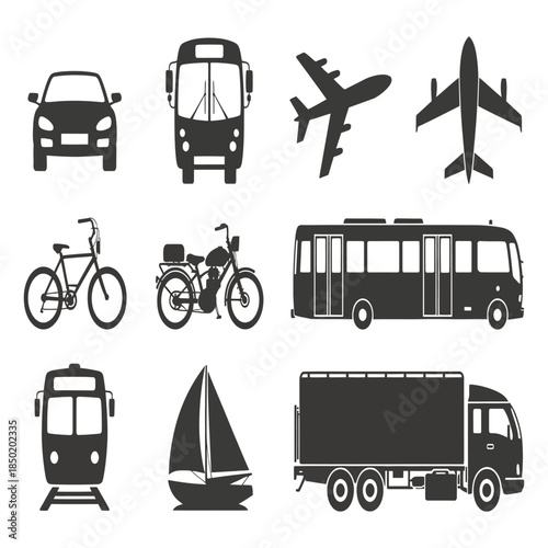 Comprehensive collection of nine stylized black and white icons representing various modes of transportation including cars buses airplanes bicycles and trains