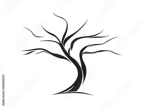 Minimalist black tree silhouette with abstract branches and asian calligraphy