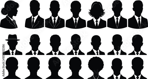 Group silhouette lineup, business and casual figures, black outline, minimal art, diversity concept, organizational roles, anonymous people, posture study