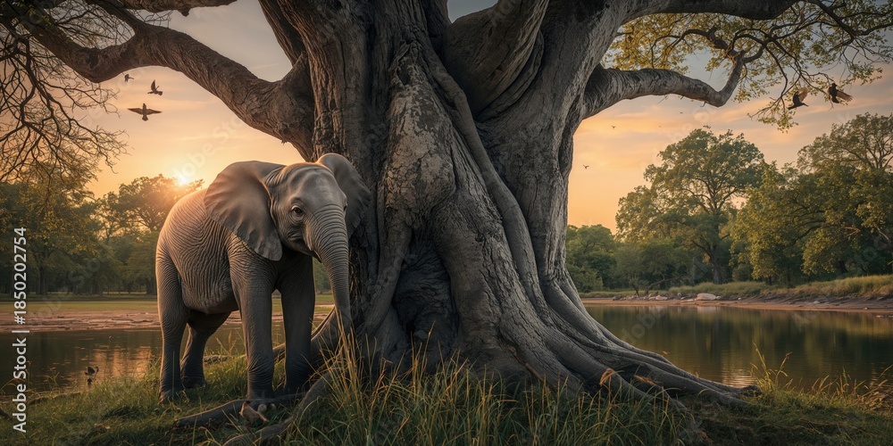 Fototapeta premium Baby elephant resting in lush forest at dusk, highlighting wildlife conservation efforts