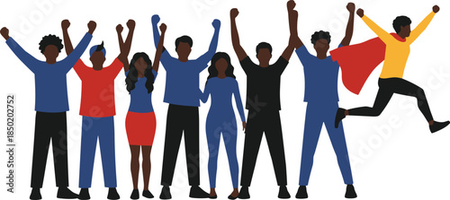 Group, people, celebration, unity, solidarity, teamwork, empowerment, diversity, expressive, gesture, raised arms, superhero, jump, joy, community, illustration, colorful, character, pose, enthusiasm