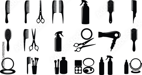 Hair, beauty, salon, grooming, icon, silhouette, black, white, comb, scissors, brush, mirror, spray, dryer, makeup, cosmetic, minimal, grid, design, tool