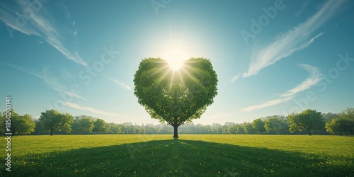 Wide-angle scene of vibrant spring woodland with heart-shaped tree arrangement, ideal for nature-themed layouts
