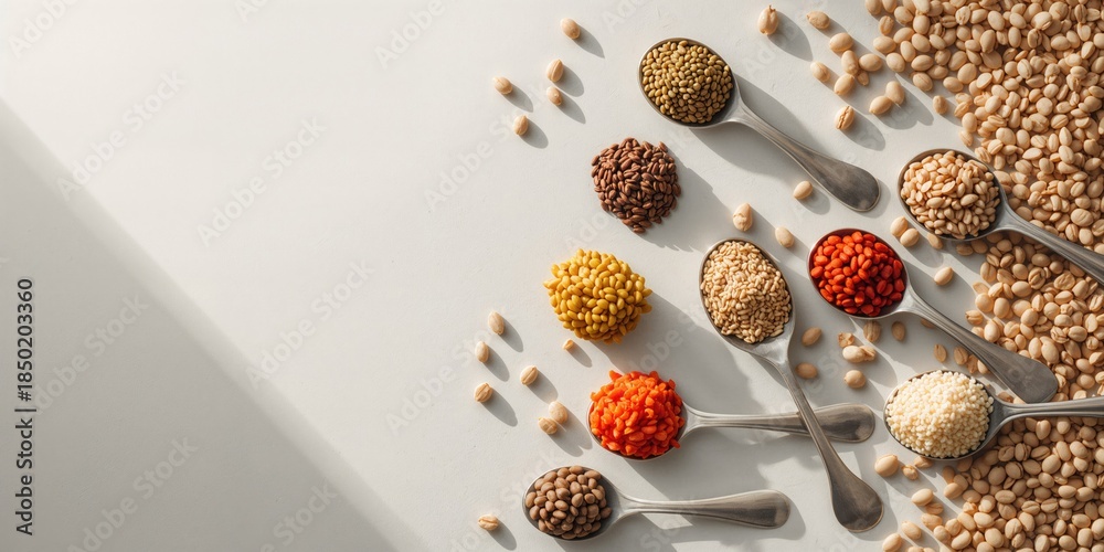 Fototapeta premium Collection of grains and legumes in spoons on a neutral background, suitable for culinary layout