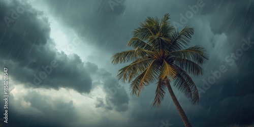 Heavy rain and gusty winds bend coconut tree under dark, cloudy sky indicating approaching cyclone or typhoon, storm alert