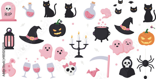 Halloween clipart, pink ghosts, spooky icons, jack-o'-lantern, black cats, potion bottles, grim reaper, tombstone, bat, witch hat, candy