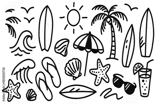 Hand drawn summer vintage icon set. Palm tree, sun and sea, seashells, coral, in doodle sketch style. Drawing ink. Italian concept, ocean, vacation and travel. Vector whimsical elements for print.