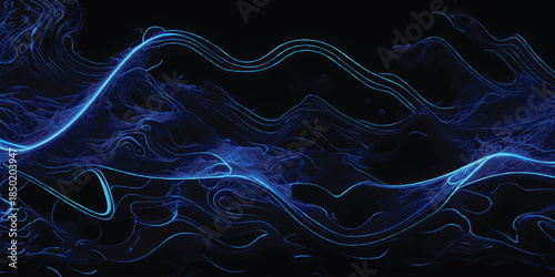 Deep Blue Luminescent Cyber Trails on Black With Neon Light Streaks & Digital Topographical Lines. High-Speed Data Transfer, Fiber Optics & Neural Network Concept.