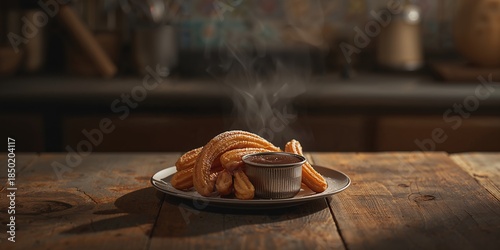 Traditional Spanish churros with rich hot chocolate, highlighting breakfast or snack setting