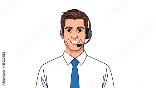 Cartoon man with headset white shirt and blue tie smiling