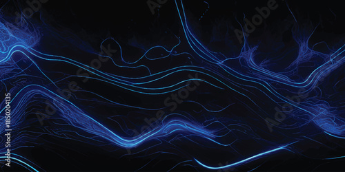 Deep Blue Luminescent Cyber Trails on Black With Neon Light Streaks & Digital Topographical Lines. High-Speed Data Transfer, Fiber Optics & Neural Network Concept.