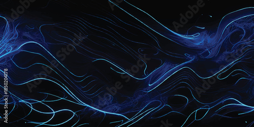Deep Blue Luminescent Cyber Trails on Black With Neon Light Streaks & Digital Topographical Lines. High-Speed Data Transfer, Fiber Optics & Neural Network Concept.
