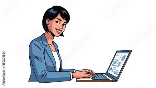 Cartoon woman in a blue blazer smiling while working on a laptop displaying charts