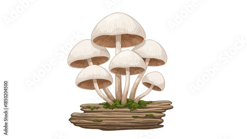 Cluster of white capped mushrooms growing from a piece of weathered wood with moss
