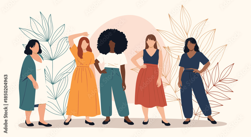 Fototapeta premium Five confident and diverse women of various ethnicities and body types are standing together celebrating female empowerment.
