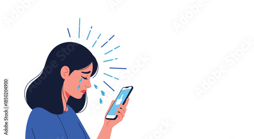 A distraught woman is crying with tears streaming down her face while looking at her smartphone indicating bad news.