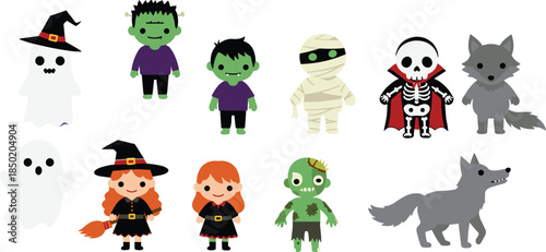 Halloween characters, cartoon monsters, cute ghosts, witches, zombies, skeleton, mummy, werewolf, Frankenstein, spooky kids, costume clipart, festive illustration