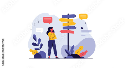 A thoughtful woman is standing by a multi-directional signpost reflecting on her future career and life path decisions.