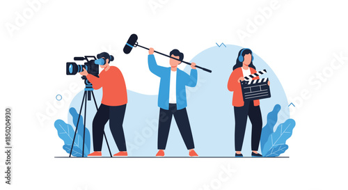 A skilled film crew consisting of a cameraman sound technician and a clapperboard operator is actively working on a movie set.