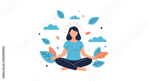 A peaceful woman is sitting in a serene lotus meditation pose surrounded by floating clouds and green leaves for mindfulness.