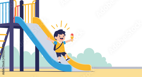 A joyful boy with a backpack is happily sliding down a colorful playground slide while enjoying an ice cream cone.