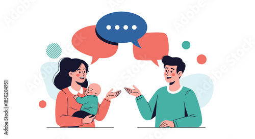 A happy couple with a baby is engaging in a lively conversation with speech bubbles representing family communication.