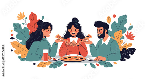 Three happy friends are sitting around a table enjoying delicious pizza together surrounded by vibrant green plants.
