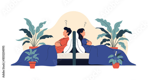 An unhappy couple is sitting back-to-back in bed with question marks above their heads symbolizing marital conflict.