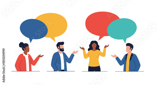 A diverse group of four people is engaged in a lively conversation with multiple speech bubbles indicating communication.