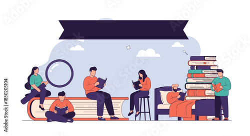 A diverse group of people is engrossed in reading books in various settings symbolizing a love for literature.