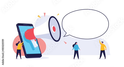 A large megaphone is emerging from a smartphone screen with small people around it symbolizing digital marketing and announcements.