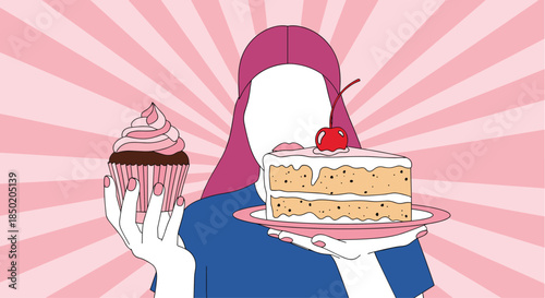 A stylized woman is holding a delicious cupcake in one hand and a slice of cake on a plate in the other.