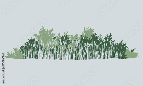 Silhouette of dense green reeds and bushes against a pale blue background Keywords: reeds, grass, bush, foliage, plant, nature