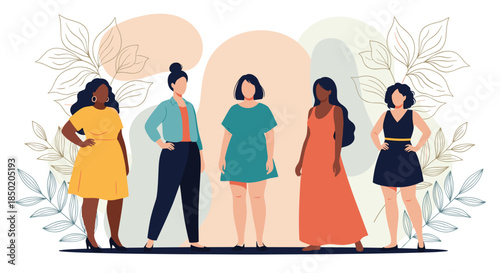 Five confident and diverse women of various ethnicities and body types are standing together celebrating female empowerment.