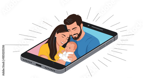A happy smiling family a man woman and baby is embracing within a bright smartphone screen symbolizing digital connection.