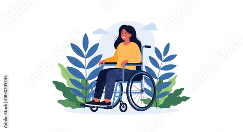 A happy woman is smiling and sitting confidently in a wheelchair surrounded by lush green plants symbolizing accessibility.