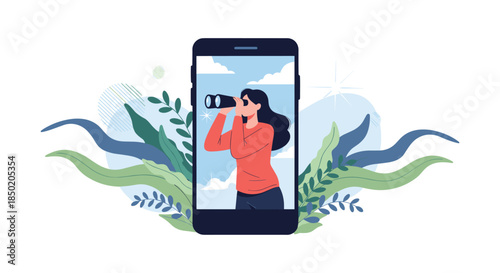 Woman inside smartphone looking through binoculars searching for opportunities and exploring new horizons.