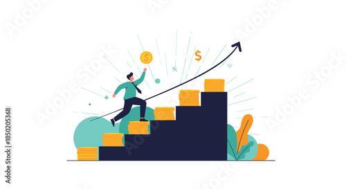 Businessman climbing a staircase made of gold coins with an arrow pointing up symbolizing financial growth and success.