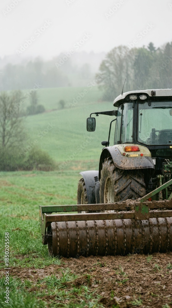 Fototapeta premium Tractor Plowing a Green Field Under Gray Cloudy Sky in Spring